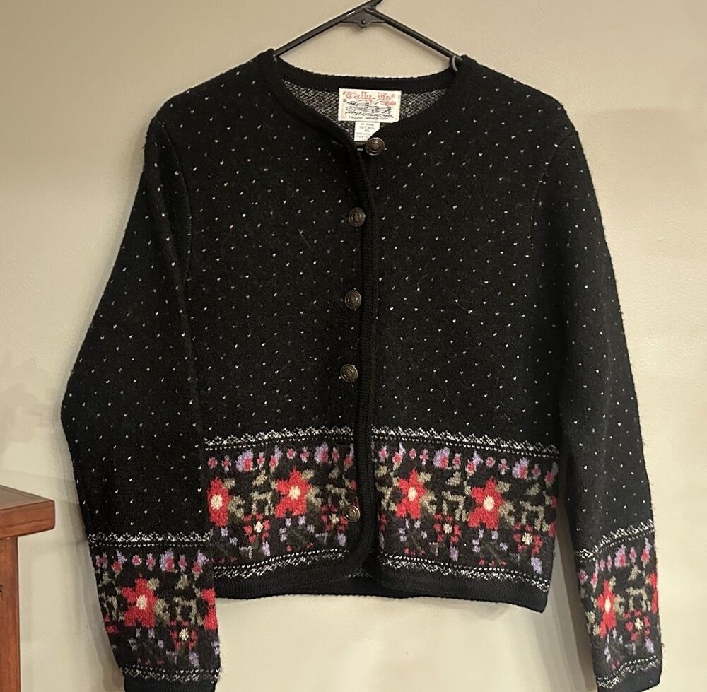 Vtg TALLY-HO 100% Wool Cardigan Small Petite Scandinavian Fair Isle Sweater
